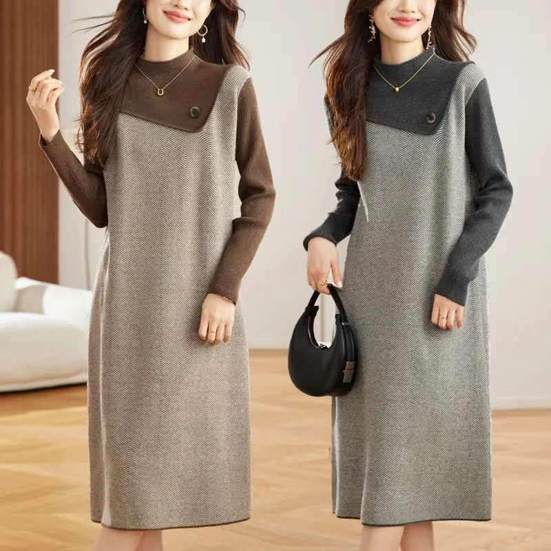 秋冬中长款配大衣毛衣内搭针织连衣裙女高级感打底宽松拼色毛衣裙
