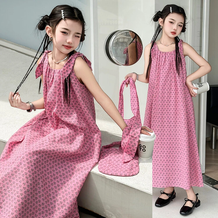 女童连衣裙夏装2025夏季度假法式慵懒风时尚碎花甜美吊带洋气长裙