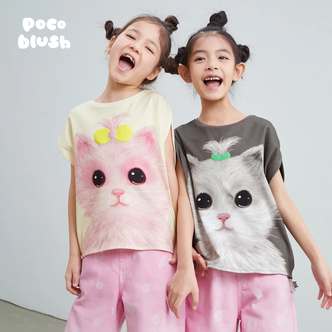 poco blush原创设计猫咪肖像T恤2024春夏装男女童上衣手绘印花