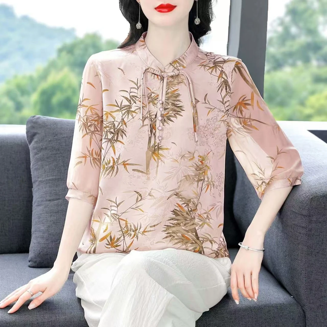 9626-夏新款中式国风印花衫盘扣衬衣时尚气质七分袖[货位C7-4-2]