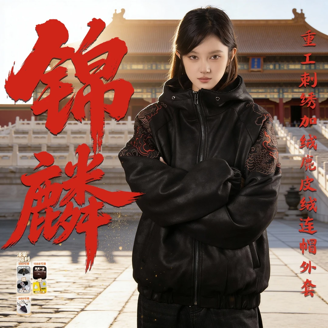 【锦麟】-重工刺绣柔光麂皮绒加绒拉链帽衫