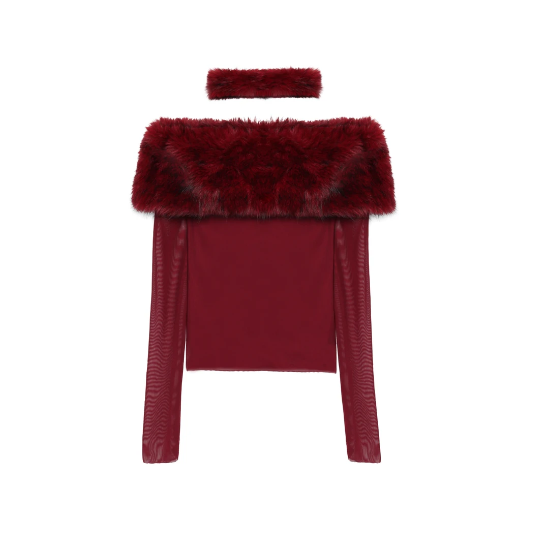 绮总“圣赛尔玫瑰”小众一字肩设计锁骨毛毛领一字肩新年红上衣