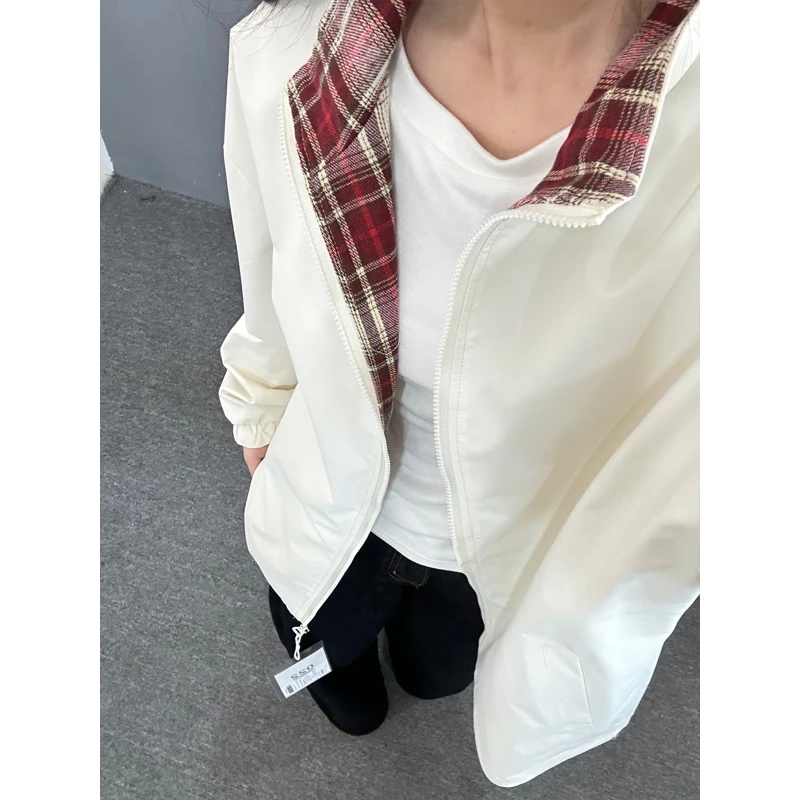 米杏色格子拼接夹克男秋季高级感休闲翻领情侣外套美式复古棒球服