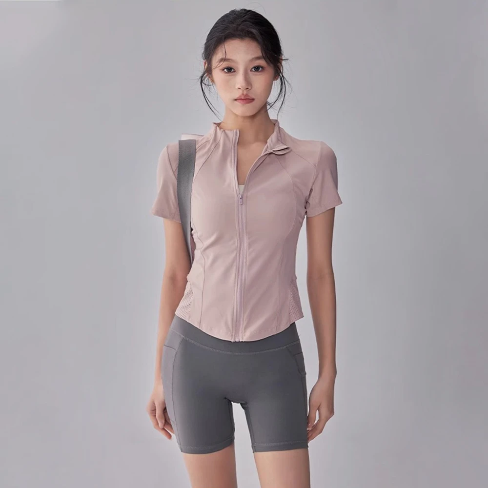 新款拉链瑜伽服短袖修身显瘦速干晨跑步T恤透气薄款运动健身衣夏