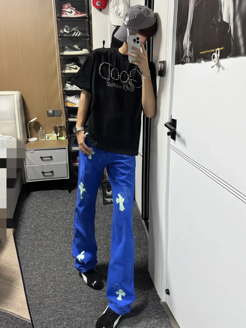 【燃系】潮牌轻奢高端十字架牛仔裤印花水洗宽松裤休闲男女微喇长裤