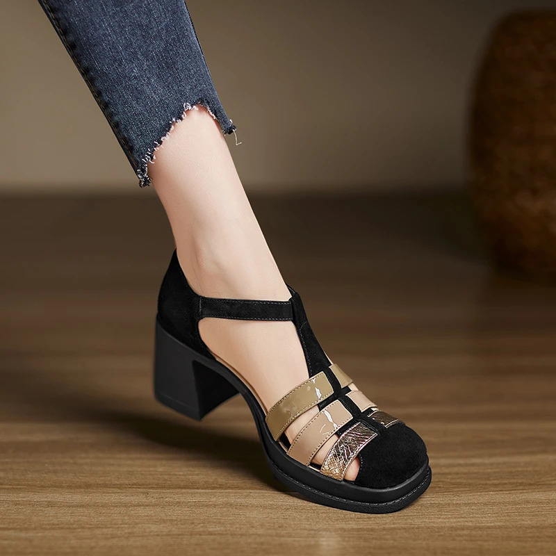 小个子增高7cm-包头拼色罗马凉鞋女2025夏季新款编织猪笼鞋不累脚