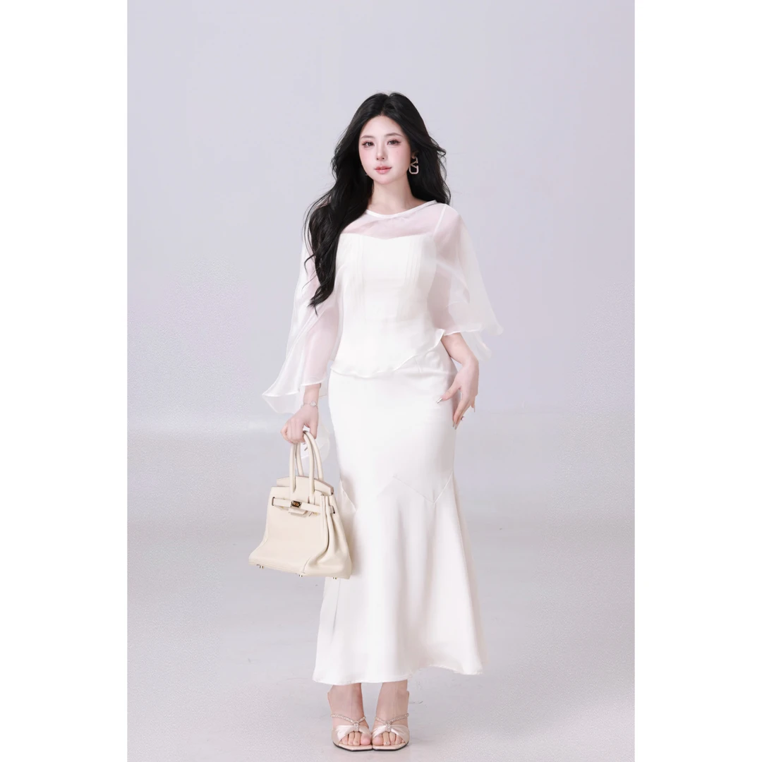 MengFairy清清【馥雅花蕾】温柔吊带长连衣裙雪纺罩衫4485M4484M