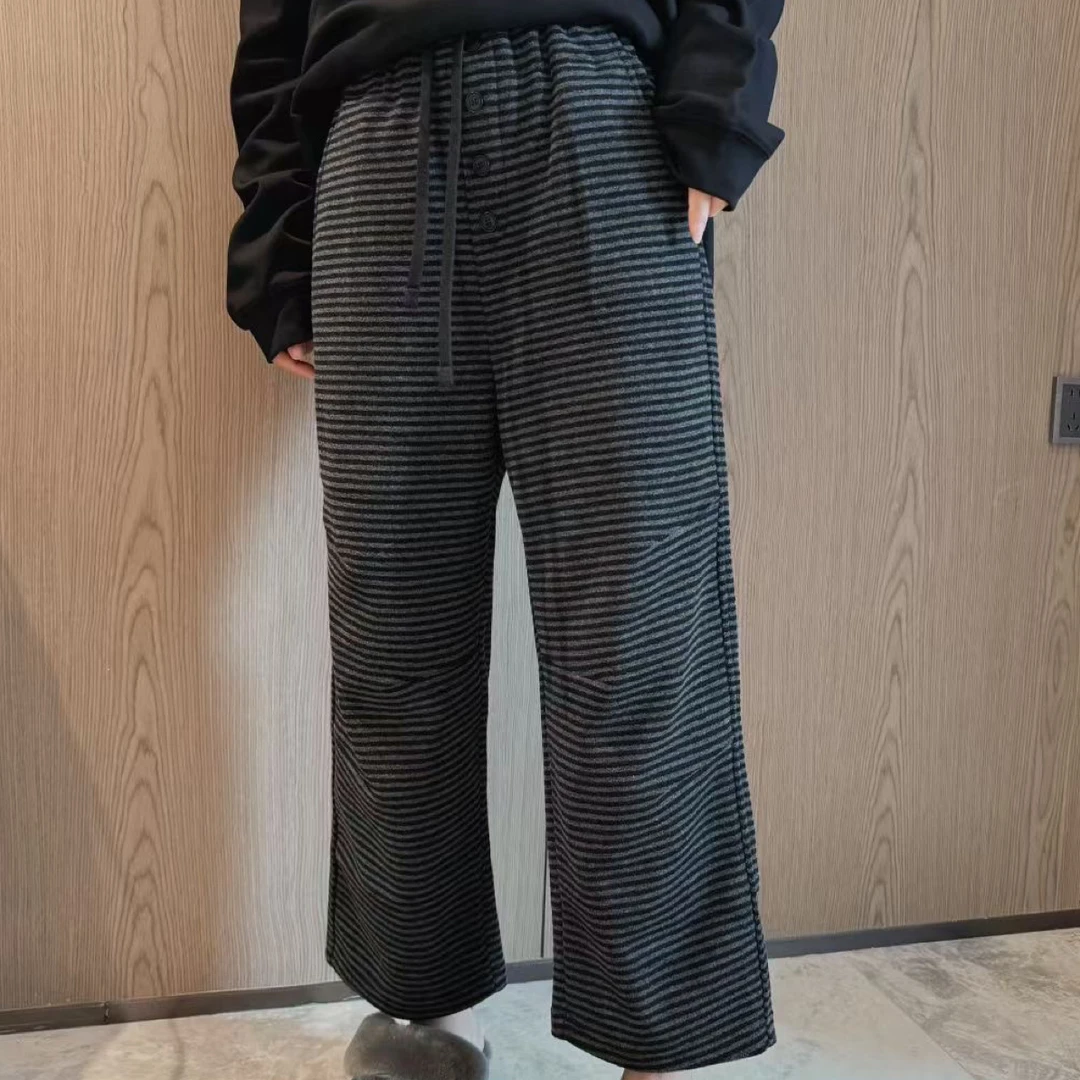 加绒新款通勤舒适休闲条纹抽绳显瘦裤