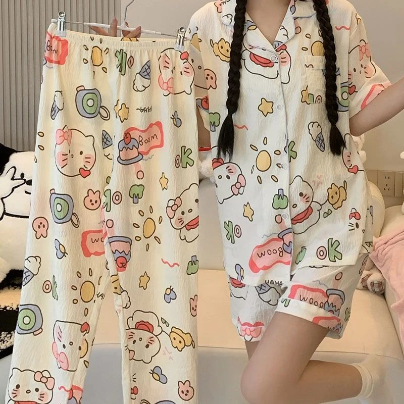 新款云朵棉三件套睡衣女薄款卡通可爱休闲家居服套装加大码宽松