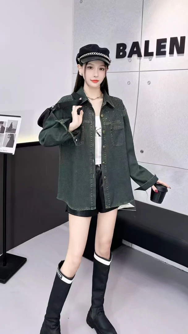 1070显瘦长袖加绒带钻休闲牛仔衬衫