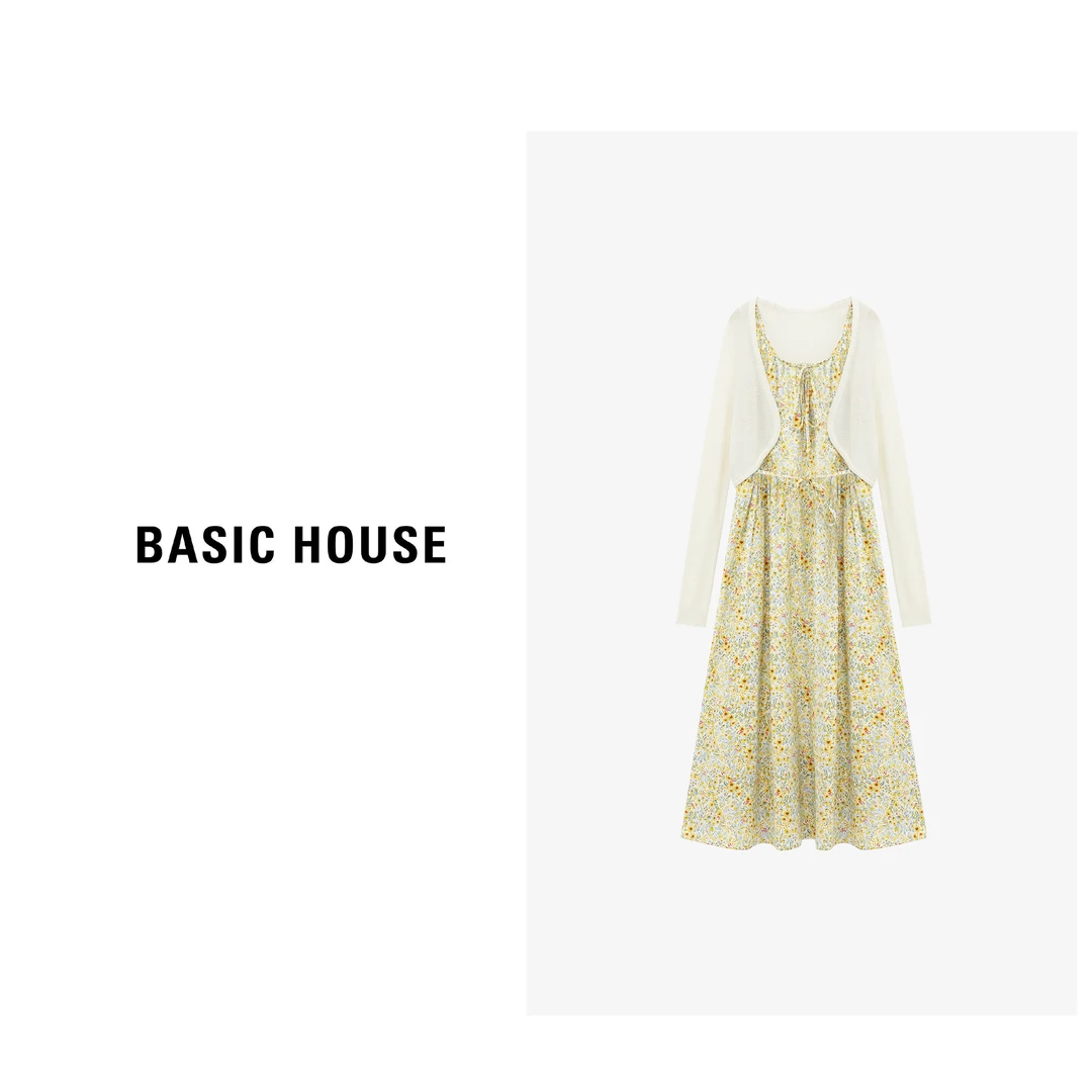Basic House/百家好新款时尚气质碎花连衣裙+开衫套装B0625B53662