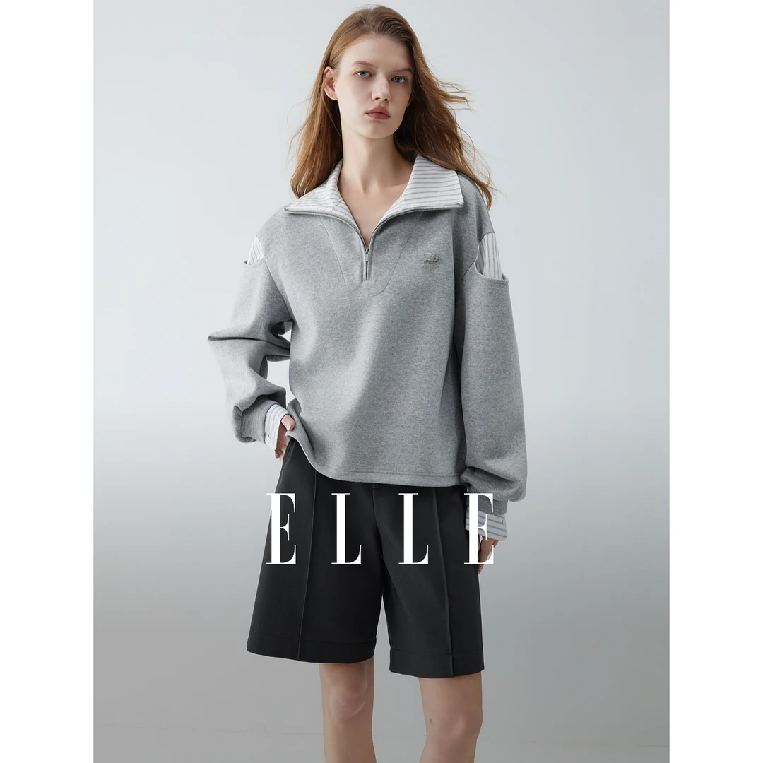 ELLE灰色格雷系格纹拼接卫衣女2025秋季新款套头休闲EW52187