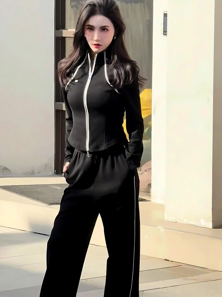 黑色休闲运动套装2025韩版名媛气质线条淡人轻奢秋季穿搭一整套女