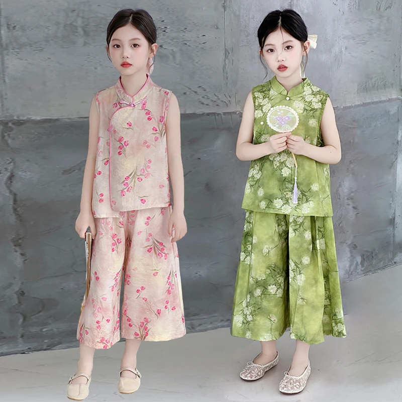 新中式童装女孩中大童9-15岁女国风套装女童夏装儿童女装复古无袖