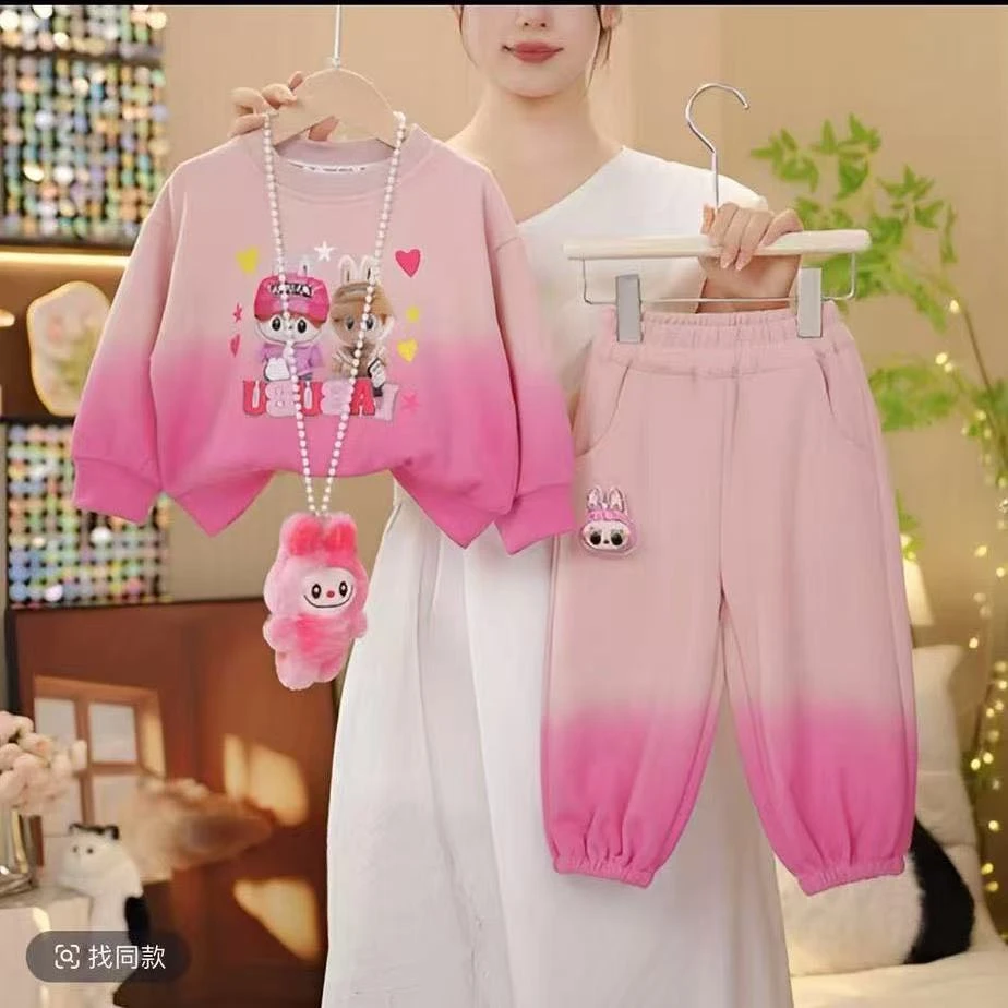 女童春秋渐变套装2025新款儿童卡通洋气卫衣两件套休闲拉布布衣服
