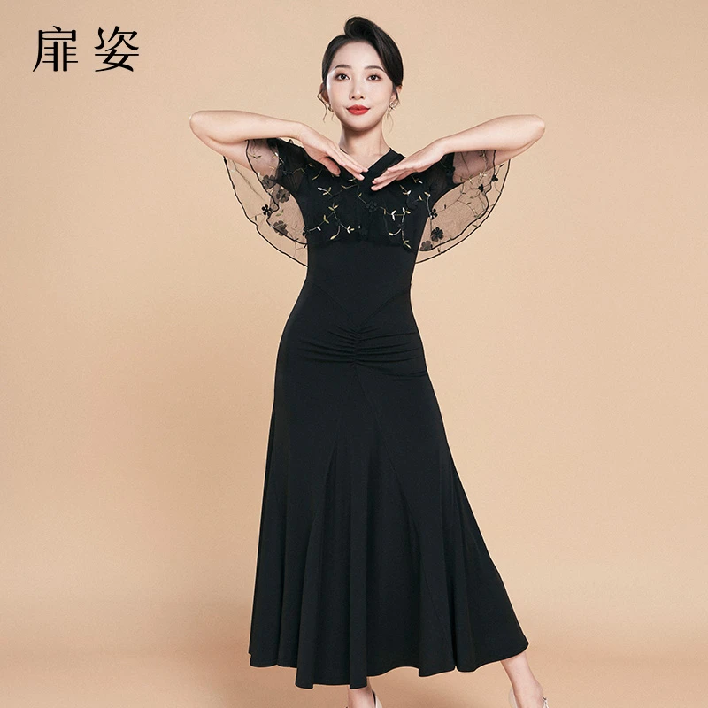 扉姿 摩登舞连衣裙女新款交谊舞裙国标舞绣花表演裙子F3017
