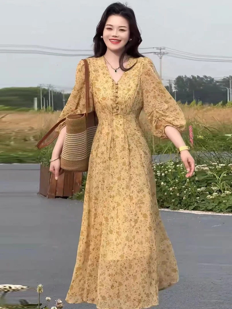 刘亦菲同款法式茶歇气质碎花小众V领度假风连衣裙2230#