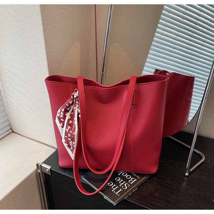 红色荔枝纹大容量高级感结婚新娘包休闲百搭通勤单肩手提托特包