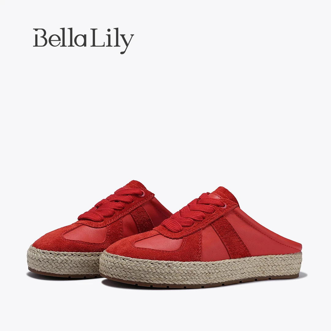 BellaLily2025夏季新款美式复古德训鞋编织渔夫半拖鞋红色板鞋潮