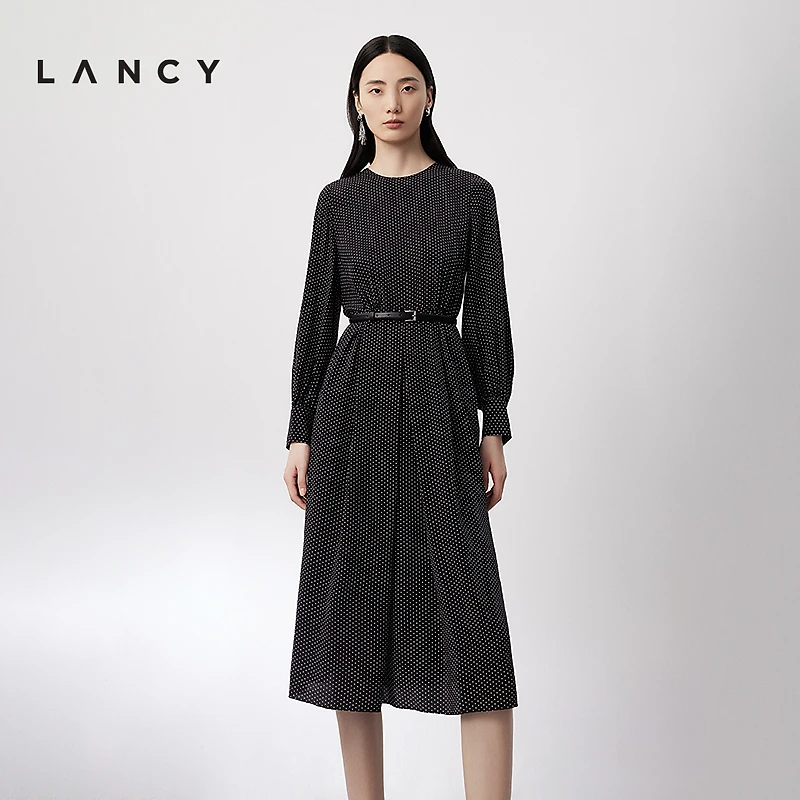 LANCY/朗姿2024春季新款收腰长袖真丝长裙子女法式复古波