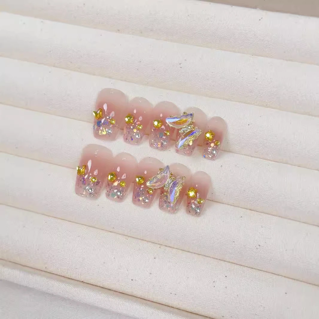 可旋转蝴蝶精品纯手工穿戴甲高级爆闪美甲贴片成品工厂批发假指甲