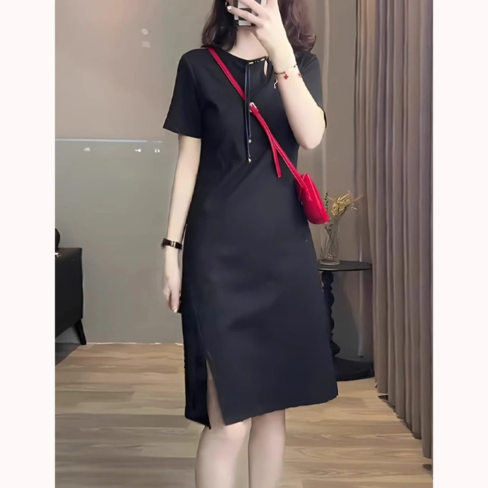国风新款大码连衣裙2025夏款女装气质黑色简约高级感盘扣短袖开叉