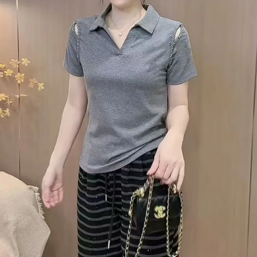 高端POLO衫短袖女T恤上衣设计感钉珠夏季新款遮肚子百搭小衫时尚