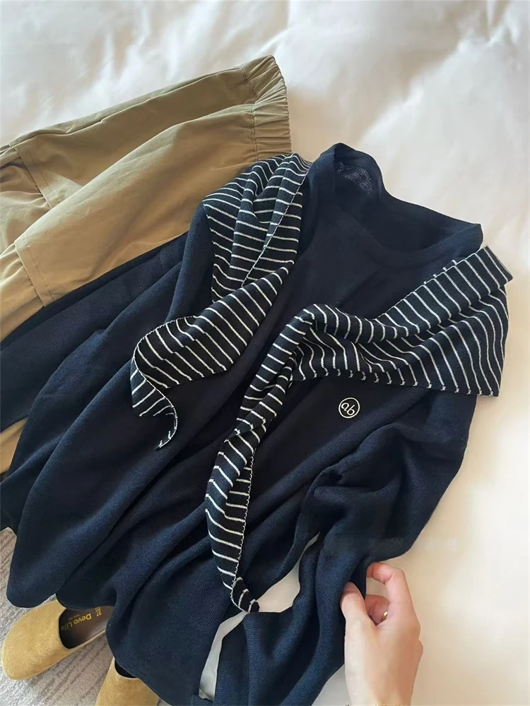 藏青色条纹披肩长袖针织衫女早秋高级感叠穿宽松显瘦简约气质上衣