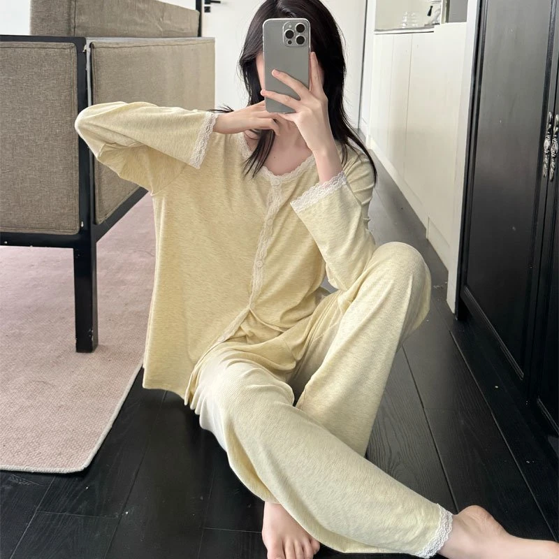 春秋季纯色新款长袖简约睡衣女蕾丝花边韩版宽松睡衣秋款女