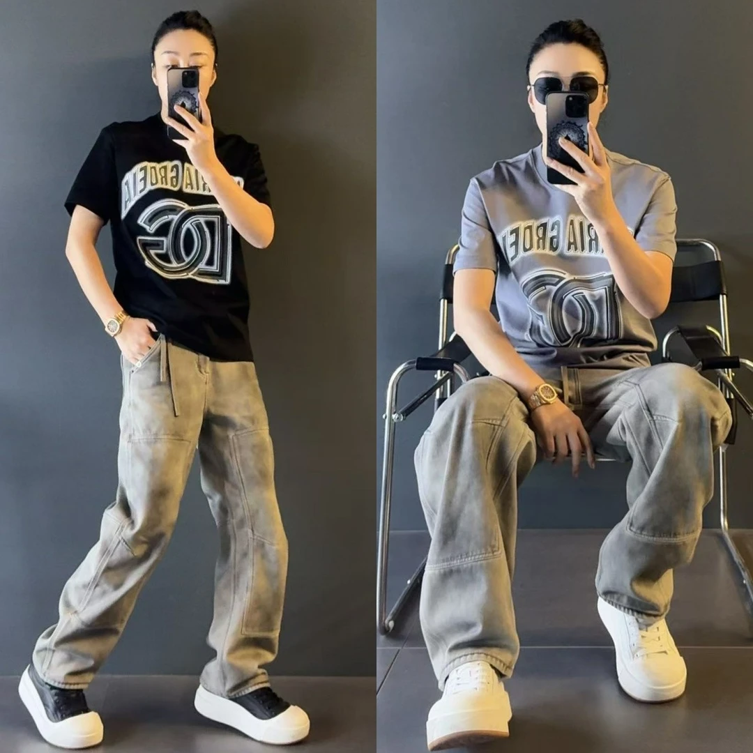 DIGARIA男士时尚短袖G097夏季款男士轻奢棉微阔打底提花T恤