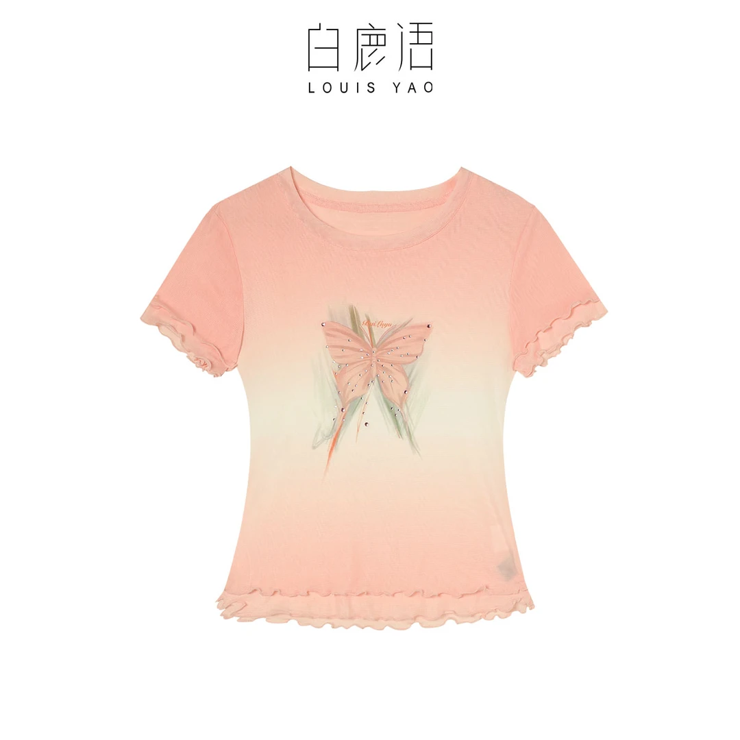 【商场同款新品】白鹿语夏蝴蝶印花双层卷边短袖T恤上衣女YU20583
