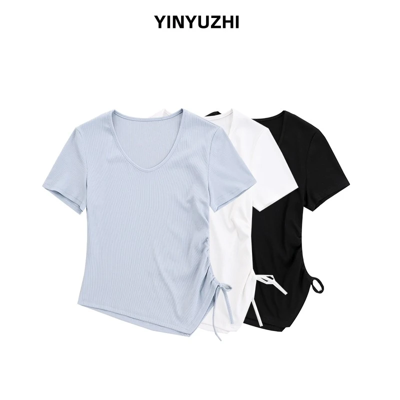 YINYUZHI/吟雨枝折扣宠粉不规则抽褶收腰显瘦v领1038T恤1753短袖