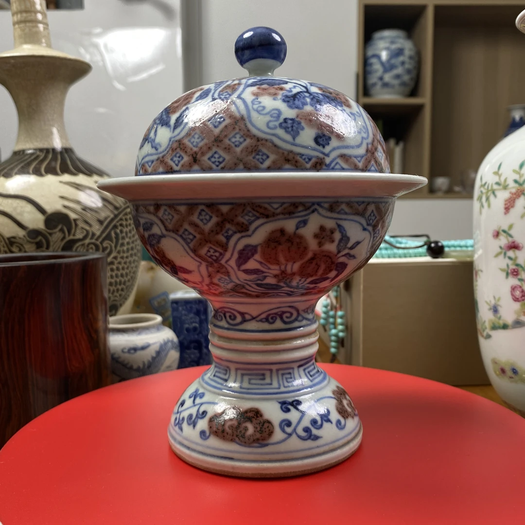 老物件青花釉里红高足供果盘斗