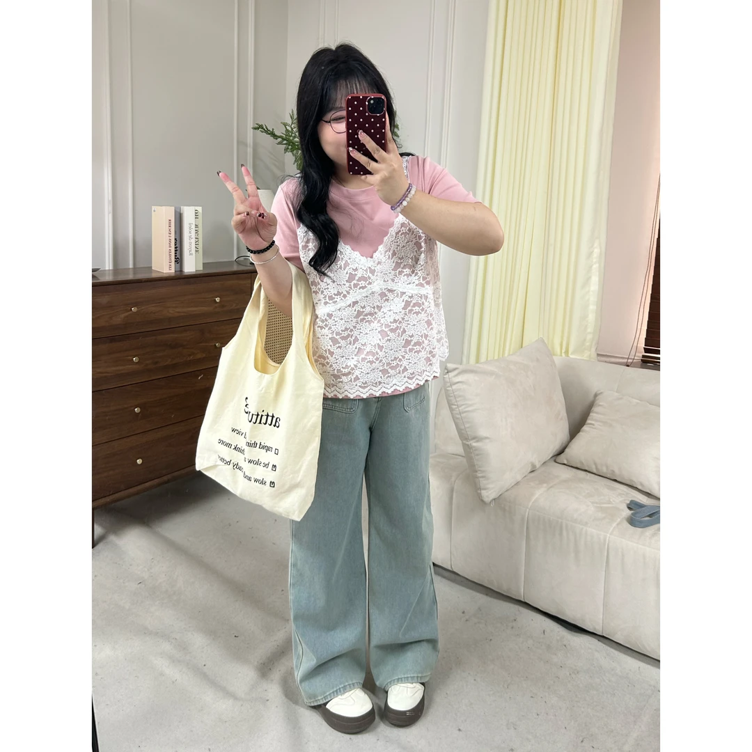 QINGYUS-小众设计感T恤蕾丝吊带上衣两件套微胖显瘦春季大码女装