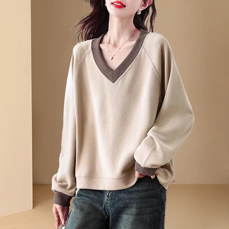 V领长袖卫衣女2025年春季大码宽松遮肉显瘦百搭简约洋气上衣潮流