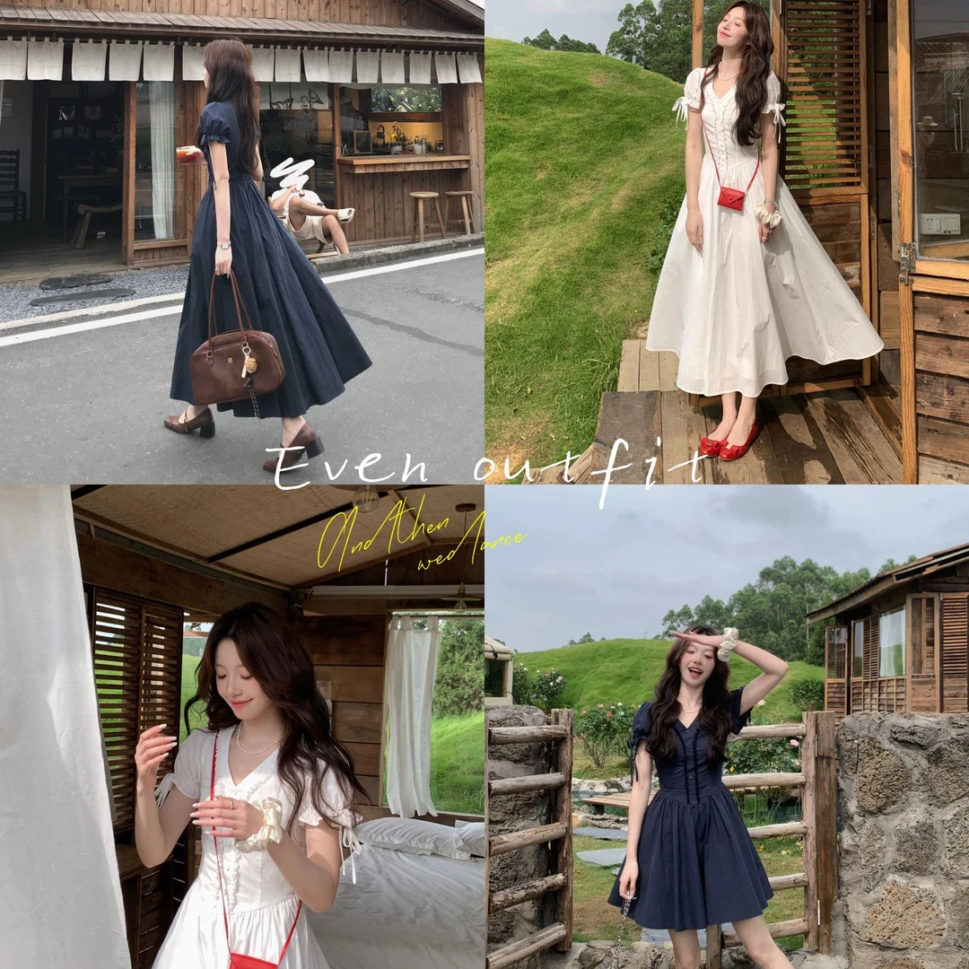 Even一雯【双生芭蕾】韩系高智感V领气质百搭收腰显瘦设计感连衣裙