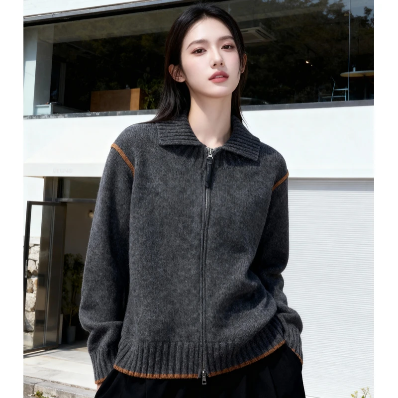 Basic House/百家好翻领线条撞色毛衣女秋冬新款简约时尚开衫上衣