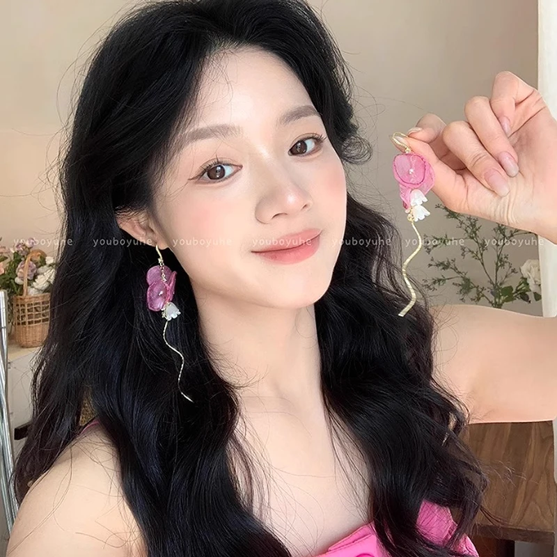 铜合金耳饰 法式仙气粉色花朵流苏耳环女独特高级度假风耳钉耳饰