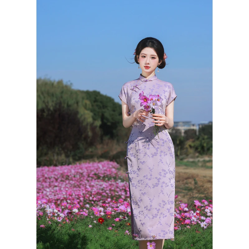 A102619,春夏新款复古新中式连肩袖经典减龄显瘦日常旗袍裙中国风