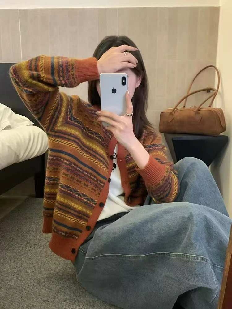 复古提花拼色毛衣开衫松弛感穿搭上衣气质秋冬百搭外套