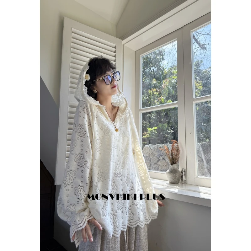 MoNvKiKiPlus2“起风了“大码微胖毛感蕾丝花连帽上衣T恤#1766