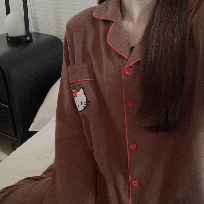 美拉德凯蒂猫纯棉卡通甜美女生睡衣春秋季薄款长袖开衫大码家居服