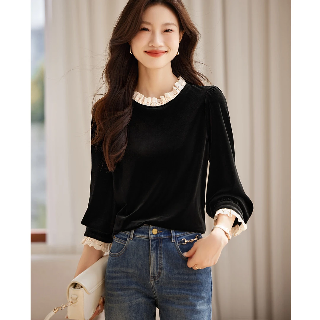 尚静优雅气质金丝绒小衫2024秋冬新款花边拼接公主袖长袖女式衬衫