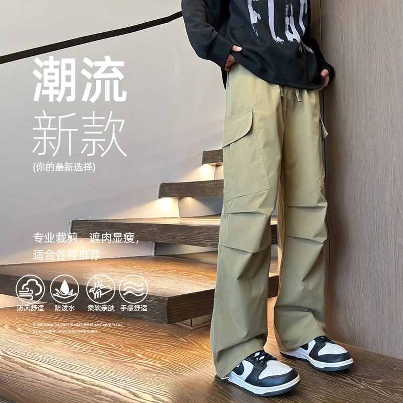 伞兵工装直筒冲锋裤男士美式高街潮牌痞帅休闲阔腿褶皱设计感裤子