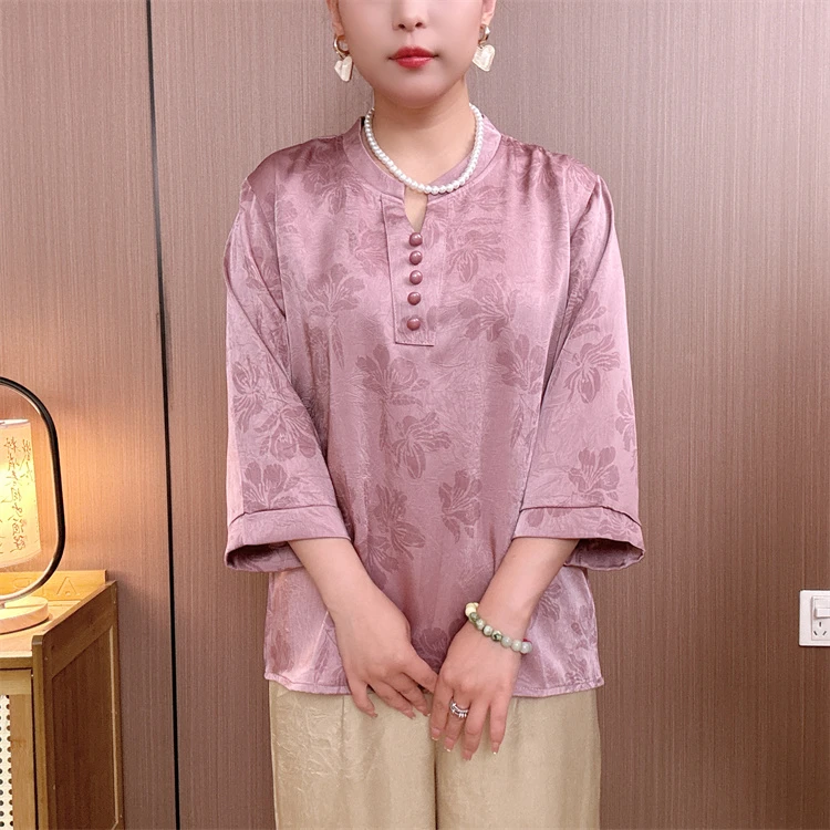 【桑丝缎】夏季新款立领七分袖高端洋气显瘦休闲百搭气质妈妈装夏季