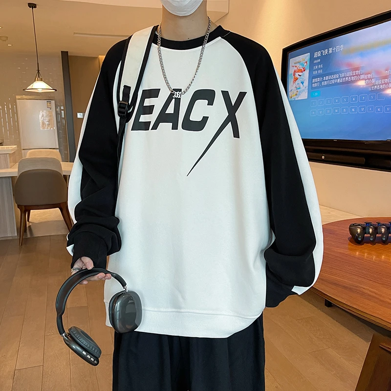 引创2025新款春季港风字母套头撞色休闲卫衣男潮流帅气打底衫长袖