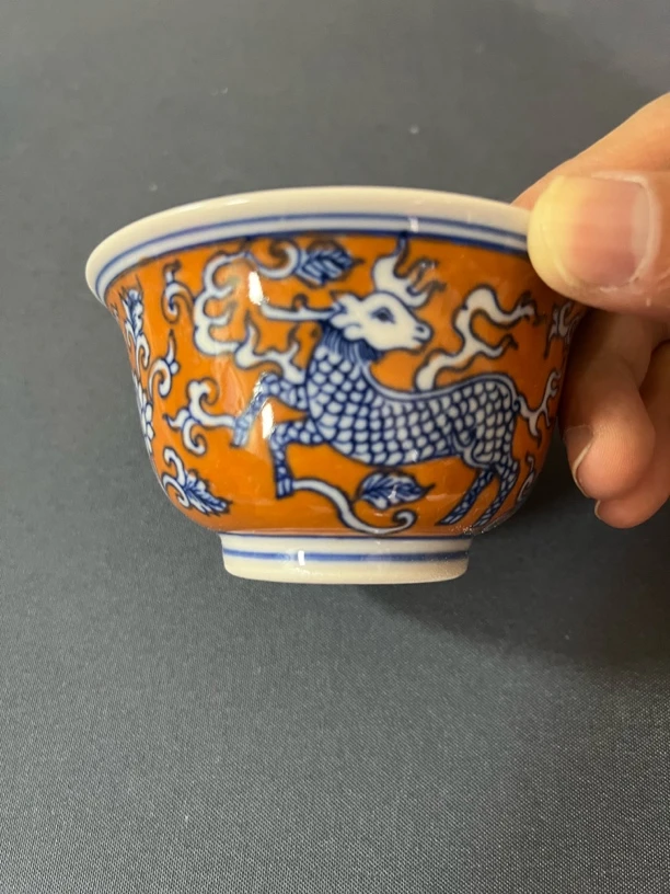 景德镇陶瓷红稀土手绘满工橘色麒麟追凤压手杯主人杯茶杯