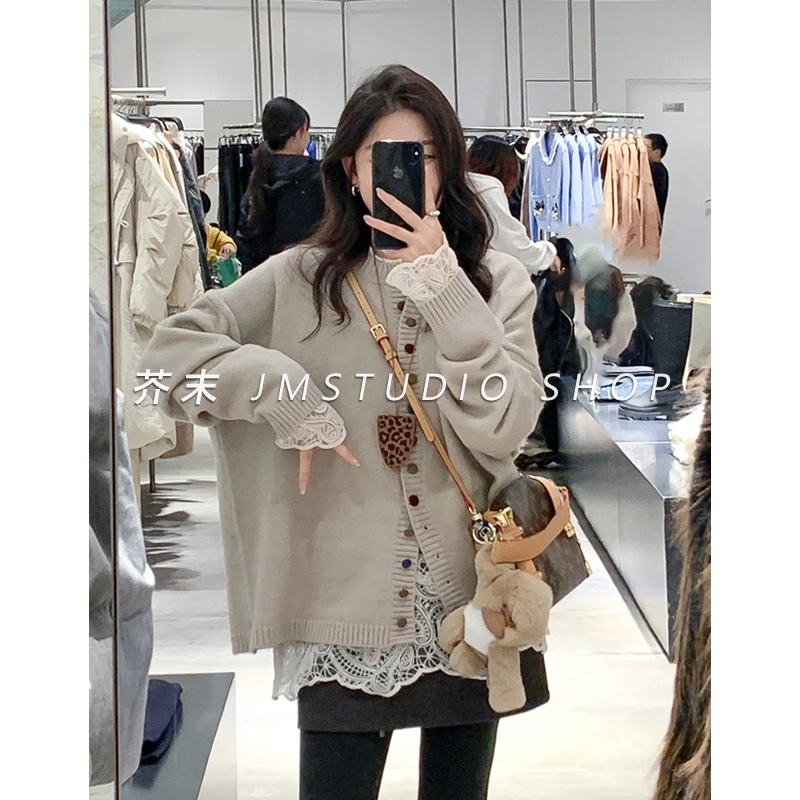 【芥末家】彩扣厚款针织开衫女 秋冬时尚宽松百搭休闲圆领毛衣外套