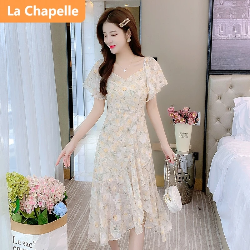 拉夏贝尔碎花雪纺中长款连衣裙女2025夏装新款日常气质仙女初恋裙