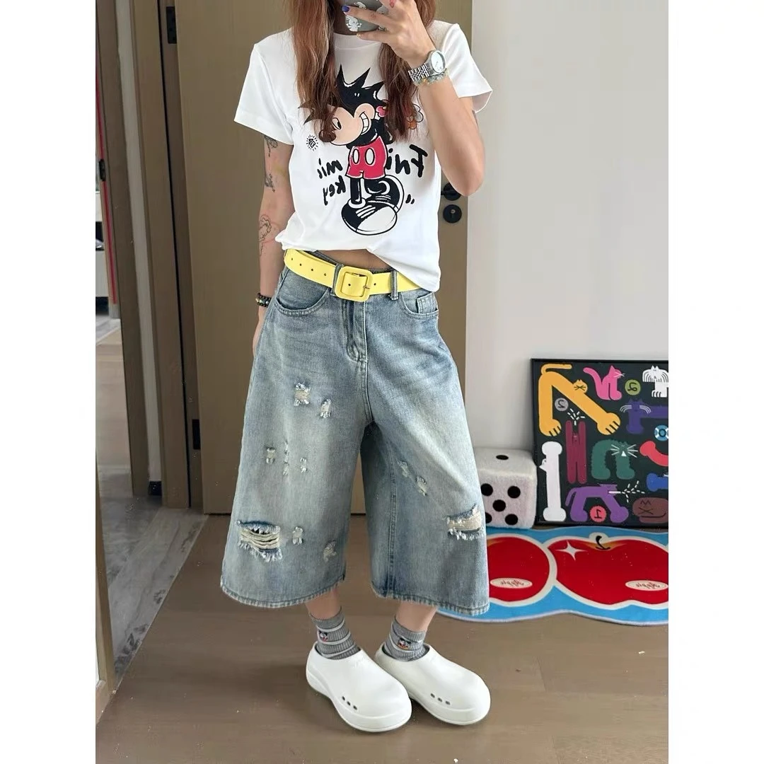 美式复古破洞七分牛仔裤女夏季高腰显瘦八分中裤阔腿六分梧桐短裤